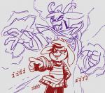 anthro clothed clothing duo gesture grey_background hand_gesture hand_on_hip horn male pointing simple_background square_crossover text young goatanimedatingsim jojo's_bizarre_adventure menacing_(meme) undertale undertale_(series) asriel_dreemurr asriel_dreemurr_(god_form) boss_monster_(undertale) bovid caprine goat mammal stand_(jjba) crossover hi_res japanese_text meme restricted_palette