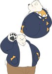 anthro belly big_belly black_eyes black_nose blush bottomwear clothing dot_eyes hoodie kemono male overweight overweight_male pants paws shirt solo topwear haoming bear mammal polar_bear ursine 2023 hi_res