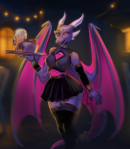 alcohol anthro anthrofied bar beer beer_glass beer_mug beverage black_claws blush bottomwear breasts claws clothed clothing collar costume female food furniture holding_object horn horn_sheath legwear looking_at_viewer medium_breasts membrane_(anatomy) membranous_wings night non-mammal_breasts open_mouth pose scales skirt smile solo standing stockings tail thigh_highs tongue topwear waiter wings orriven activision mythology spyro_the_dragon cynder dragon mythological_creature mythological_scalie scalie 2025 colored colored_sketch digital_drawing_(artwork) digital_media_(artwork) flat_colors hi_res pinup portrait shaded sketch three-quarter_portrait