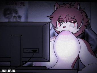 anthro bedroom big_breasts breast_play breast_suck breasts brown_body brown_fur chair computer electronics female fur furniture moan music office_chair poster purring self_suckle simple_background solo sucking white_body white_fur jkiubix sound_warning capcom resident_evil resident_evil_requiem titty_sucking_method grace_ashcroft leon_kennedy misty_lyncat_(jkiubix) domestic_cat felid feline felis mammal ragdoll_cat 4:3 animated meme short_playtime sound video