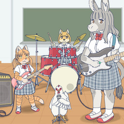 ambiguous_gender anthro bass_guitar clothed clothing drum drum_set drumming_stick electric_guitar electronics female group guitar kemono microphone musical_instrument percussion_instrument percussion_mallet plucked_string_instrument string_instrument ekaki510 fender_musical_instruments_corporation precision_bass stratocaster asinus avian bird canid canine canis chicken domestic_cat domestic_dog donkey equid equine felid feline felis galliform mammal phasianid 1:1