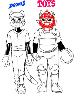 anthro baseball_(sport) baseball_glove baseball_uniform biped bulge catcher's_mitt clothed clothing dipstick_tail duo fangs glistening heart_(marking) latex long_tail male markings mostly_monochrome sharp_teeth simple_background sport sportswear tail tail_markings teeth text tight_clothing uniform white_background rucknatto august_(meowmcmeow) gao_(meowmcmeow) domestic_cat felid feline felis mammal digital_media_(artwork) english_text sketch