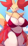 anthro beach big_breasts bikini biped blush breasts clothing curvy_figure female fur huge_breasts o-ring o-ring_bikini o-ring_bikini_top red_bikini red_clothing red_eyes red_swimwear sad seaside solo swimwear thick_thighs two-piece_swimsuit voluptuous white_body white_fur wide_hips yellow_body yellow_fur nojaaaaaaaarori nintendo pokemon delphox generation_6_pokemon pokemon_(species) absurd_res hi_res