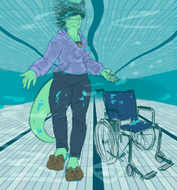 5_fingers animal_slippers anthro breasts clothing detailed_background disability eyes_closed female fingers footwear green_body green_scales hair hoodie long_tail non-mammal_breasts paraplegic scales shoes short_hair slippers solo swimming_pool tail topwear underwater vehicle water wheelchair teguimore cavemanon_studios i_wani_hug_that_gator olivia_halford baryonyx dinosaur prehistoric_species reptile scalie spinosaurid theropod 2024 digital_drawing_(artwork) digital_media_(artwork) hi_res