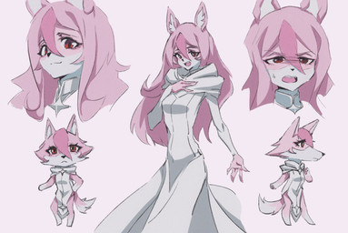 alternate_form anthro breasts clothed clothing female fluffy fur hair long_hair multicolored_body multicolored_fur multiple_positions open_mouth pink_body pink_fur pink_hair red_eyes white_body white_fur flp_(artist) animal_crossing brand_new_animal nintendo studio_trigger nazuna_hiwatashi canid canine fox mammal 2020 absurd_res hi_res