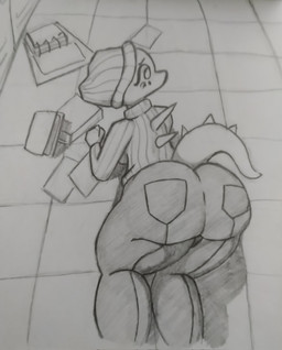 all_fours anthro back_spikes beanie big_butt book breasts butt butt_focus clothed clothing female floor fully_clothed hat headgear headwear locker non-mammal_breasts notebook on_ground paper pockets solo spiked_tail spikes spikes_(anatomy) sweater tail tile tile_floor topwear geeksandkicks cavemanon_studios snoot_game erin_(snoot_game) dinosaur prehistoric_species reptile scalie greyscale hi_res monochrome