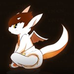 anthro blush brown_hair clothing diaper hair male padding simple_background sitting solo tail white_body white_diaper yellow_sclera young imces mythology dragon mythological_creature mythological_scalie scalie 1:1