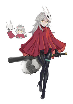 baseball_bat bat_(object) bodysuit chibi cloak clothing cosplay crossover_cosplay female fur grey_body grey_fur latex latex_clothing mask mask_on_head simple_background skinsuit smile smiling_at_viewer solo tail tight_clothing white_background yellow_eyes urii_20230426 hollow_knight_(franchise) honkai:_star_rail mihoyo team_cherry hornet_(hollow_knight) stelle_(honkai:_star_rail) animal_humanoid arthropod humanoid mammal mammal_humanoid procyonid procyonid_humanoid raccoon_humanoid crossover hi_res