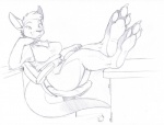 anthro biped bottomless breasts casual_exposure chair clothed clothing feet female foot_focus fur furniture hair hindpaw looking_at_viewer pawpads paws plantigrade solo rick_griffin ah_club adrian_gray kangaroo macropod mammal marsupial 2015 monochrome sketch