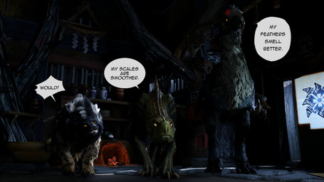 ambiguous_gender angry beak black_body black_fur blue_body blue_scales claws cross-popping_vein detailed_background dialogue envious feathers feral fluffy fluffy_chest fur glowing glowing_eyes green_body green_scales group half-closed_eyes inside looking_at_another mount/rider_relations narrowed_eyes pupils scales sharp_teeth slit_pupils smile speech_bubble standing teeth text trio tuft white_body white_fur yellow_body yellow_eyes yellow_scale ivorylagiacrus capcom monster_hunter bird_wyvern fanged_wyvern jagras scalie seikret wulg 16:9 2026 3d_(artwork) 4k absurd_res blender_(artwork) blender_eevee_(artwork) digital_media_(artwork) english_text hi_res widescreen
