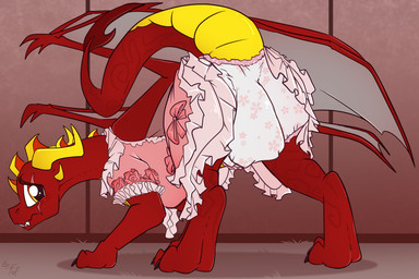 2_horns back_wings butt claws clothed clothing countershade_tail countershade_torso countershading crossdressing diaper dress eye_scar facial_scar feral head_spikes horn inside looking_at_viewer looking_back looking_back_at_viewer male membrane_(anatomy) membranous_wings multicolored_body pink_clothing pink_dress presenting presenting_hindquarters quadruped raised_tail rear_view red_body scar solo spikes spikes_(anatomy) tail teeth two_tone_body wearing_diaper wings yellow_body yellow_countershading fuf european_mythology mythology ash_darkfire dragon mythological_creature mythological_scalie scalie western_dragon 2019 3:2