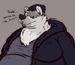 anthro beanie belly big_belly clothed clothing ear_piercing fur hat headgear headwear hoodie male moobs obese obese_anthro obese_male overweight overweight_anthro overweight_male piercing solo text topwear white_body white_fur kikatsu patrick_o'toole bear mammal polar_bear ursine english_text