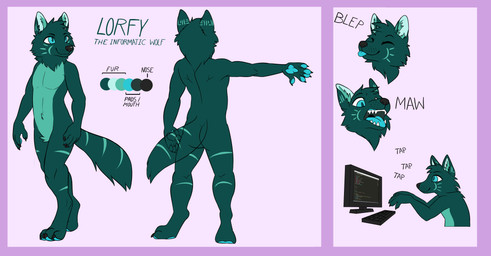 5_fingers anthro biped black_claws black_nose blep blue_eyes blue_pawpads blue_tongue butt cheek_tuft claws color_swatch crotch_tuft electronics eyebrows eyes_closed facial_markings facial_tuft featureless_chest fingers front_view fur glistening glistening_eyes green_ears green_hair green_inner_ear green_tail hair head_markings keyboard male markings monitor neck_tuft pawpads rear_view short_hair smile solo standing striped_body striped_fur striped_legs striped_markings striped_tail stripes tail tail_markings text tongue tongue_out tuft martinballamore canid canine canis mammal wolf absurd_res english_text hi_res model_sheet