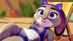 anthro bottomwear breasts clothed clothing day eyebrows eyelashes fake_cat_ears fake_ears female fur grey_body grey_fur long_ears looking_at_viewer lying on_back outside purple_eyes solo teeth text topwear white_body white_fur zigrock001 disney zootopia judy_hopps lagomorph leporid mammal rabbit 2025 absurd_res artist_name hi_res watermark