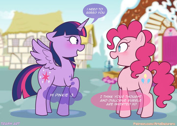 blue_eyes blush breaking_the_fourth_wall dialogue duo feathered_wings feathers female feral hair horn intrusive_thoughts multicolored_hair open_mouth outside pink_body purple_body purple_eyes raised_leg speech_bubble text thought_bubble wings xd trash_art_(artist) friendship_is_magic hasbro my_little_pony mythology pinkie_pie_(mlp) twilight_sparkle_(mlp) earth_pony equid equine horse mammal mythological_creature mythological_equine pony winged_unicorn english_text hi_res