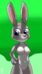 2016 anthro breasts casual_nudity disney female fur genitals grey_body grey_fur hi_res judy_hopps lagomorph leporid long_ears mammal nipples nude purple_eyes pussy rabbit short_tail simple_background smile solo tail virate-chip zootopia