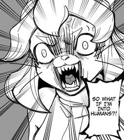angry anthro big_pupils clothing cross-popping_vein dialogue dilated_pupils female frown hair human_fetish manga_style motion_lines obscured_face open_mouth pupils sharp_teeth solo teeth text tongue whiskers wide_eyed yelling yelling_at_viewer lloydtheslayer gameoverse glitch_productions hitoner kit_bodega domestic_cat felid feline felis mammal absurd_res english_text greyscale hi_res monochrome