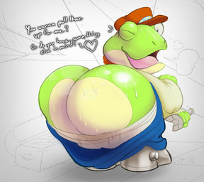 anthro big_butt bodily_fluids bottomwear bottomwear_down breath butt butt_focus clothed clothing dialogue glistening glistening_butt green_body hat headgear headwear heart_symbol holding_object holding_tool holding_wrench looking_at_viewer looking_back looking_back_at_viewer male one_eye_closed open_mouth pants pants_down partially_clothed solo sweat sweaty_butt talking_to_viewer text tongue tools underwear underwear_down wrench bastardpalace nintendo star_fox slippy_toad amphibian frog 2023 english_text