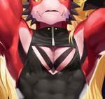 ambiguous_species anthro black_clothing black_markings black_sclera black_topwear cheek_spikes clothed clothing facial_spikes front_view male markings muscular muscular_anthro muscular_male pink_body red_body solo spikes spikes_(anatomy) t.y.stars topwear torso_shot yellow_eyes