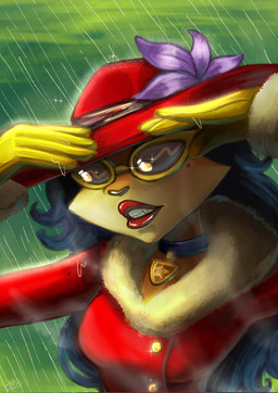anthro blue_hair breasts clothing collar eyewear female fur hair hat headgear headwear lipstick makeup mole_under_eye raining solo sunglasses catalin62706090 jojo's_bizarre_adventure sly_cooper_(series) sony_corporation sony_interactive_entertainment steel_ball_run sucker_punch_productions carmelita_fox canid canine fox mammal hi_res