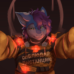 anthro blue_body blue_skin brown_background bulletproof_vest claymore dark_lighting female green_eyes hair looking_at_viewer purple_hair simple_background smile smirk solo text white_body white_skin gorka ketzel99 rigel_(1stsavagery) aquatic carpet_shark fish shark whale_shark 1:1 absurd_res hi_res russian_text translation_request
