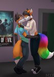 anthro choker clothed clothing duo eyes_closed female footwear fur fur_markings grey_hair hair inner_ear_fluff inside jewelry kissing male male/female markings movie_theater multicolored_body multicolored_fur multicolored_hair necklace orange_body orange_fur parody poster rainbow_hair text tuft maxizz capcom resident_evil iris_(luskfoxx) nico_(luskfoxx) canid canine fox mammal absurd_res english_text hi_res