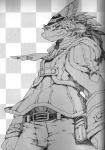 anthro belt belt_pouch caninereptile checkered checkered_background clothed clothing date_natsuku fist fully_clothed greyscale hair half-length_portrait hi_res keil_kupfer lizard male monochrome pattern_background portrait pupils reptile scalie simple_background slit_pupils solo