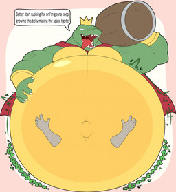 anthro barrel belly big_belly disembodied_hand hand_on_belly huge_belly hyper hyper_belly male musclegut muscular navel outie_navel rumbling_stomach sharp_teeth solo teeth text hidi donkey_kong_(series) nintendo king_k._rool crocodile crocodilian reptile scalie english_text hi_res
