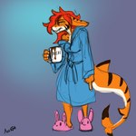 angelica_chiraneau anthro bathrobe beverage breasts clothing coffee footwear grumpy non-mammal_breasts robe shoes slippers tired acev fish marine shark 1:1 absurd_res hi_res