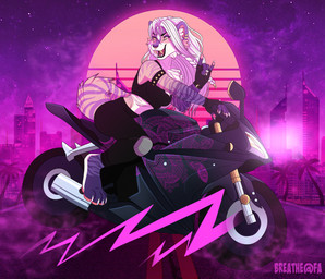 4_toes 5_fingers anthro clothed clothing countershading cyberpunk detailed_background ear_piercing ear_ring facial_piercing fangs feet female fingers fluffy hair motorcycle nose_piercing open_mouth piercing purple_stripes riding_motorcycle ring_piercing sabertooth_(anatomy) septum_piercing sitting solo stripes synthwave teeth toes vehicle white_body white_countershading white_hair yellow_eyes chaiteakitten felid feline mammal 2021 digital_drawing_(artwork) digital_media_(artwork) shaded