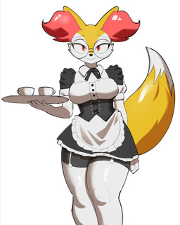 alternative_fashion anthro clothing eyewear female fur glasses goth gothic_lolita j-fashion lolita_(fashion) looking_at_viewer maid_uniform red_eyes round_glasses simple_background solo uniform yellow_body yellow_fur arakira nintendo pokemon braixen generation_6_pokemon pokemon_(species) absurd_res hi_res
