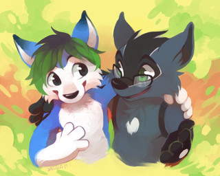 anthro arm_around_shoulders black_body black_fur black_hair black_inner_ear black_nose blue_body blue_fur duo eye_contact eyebrows eyewear eyewear_only fur glasses glasses_only green_eyes green_highlights grey_body grey_eyes grey_fur hair highlights_(coloring) looking_at_another male nude smile smiling_at_another smiling_at_each_other snout wearing_glasses white_body white_fur white_inner_ear darmp lucas_rio canid canine mammal 2014 5:4 digital_media_(artwork) digital_painting_(artwork) painting_(artwork) shaded