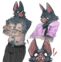 accessory anthro belly clothing fur grey_body grey_fur male necktie nude pink_clothing pink_shirt pink_topwear shirt smile solo topwear white_eyes ryan1111_(artist) dispatch sonar_(dispatch) bat mammal hi_res sketch