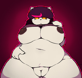 anthro belly big_breasts big_vulva breasts clothed clothing clothing_lift ear_piercing ear_ring facial_piercing female genitals holding_belly huge_breasts huge_thighs lip_piercing looking_away navel nipple_piercing nipples overweight overweight_female piercing pink_background plump_labia ring_piercing shirt shirt_lift simple_background snakebite_piercing solo thick_thighs topwear vulva wide_hips yellow_sclera catjamn deltarune undertale_(series) catti_cattenheimer domestic_cat felid feline felis mammal 2022 aliasing digital_media_(artwork)