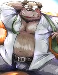 anthro belly blush bottomwear brown_body brown_fur clothed clothing eyewear fur glasses humanoid_hands kemono male mature_male navel necktie open_clothing open_shirt open_topwear overweight overweight_male pants shirt sitting solo topwear emufu bear mammal 2018