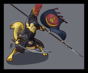 3_toes anthro armor asian_clothing banner belt biped black_border blue_eyes body_armor border chainmail claws clothed clothed_anthro clothed_female clothing combat_helmet dual_wielding east_asian_clothing feet female female_anthro fighting_pose flag flag_(object) fur grey_background headgear helmet historical holding_flag holding_melee_weapon holding_object holding_polearm holding_spear holding_sword holding_weapon markings melee_weapon military military_helmet mongolian mongolian_clothing mongolian_flag polearm pose ruff saber scale_armor scimitar shirt shoulder_armor shoulder_guards simple_background solo spear spots spotted_markings standing sword tail tassets toe_claws toeless_(marking) toes topwear tunic warrior weapon wide_stance yellow_body yellow_fur siroc canid canine canis mammal wolf 2014 signature