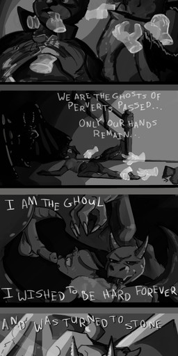 anal anal_penetration anthro balls bodily_fluids butt clothed clothing costume cum cum_inside disembodied_hand duo erection finger_in_mouth fur genital_fluids genitals ghost_hand halloween_costume haunted_house holidays male male/male male_penetrated male_penetrating male_penetrating_male nude open_mouth penetration penis rock scared sculpture sex size_difference statue text undressing wings young young_anthro young_male wintersink halloween canid canine canis gargoyle ghost ghoul mammal spirit undead wolf 1:3 absurd_res comic digital_media_(artwork) english_text hi_res monochrome