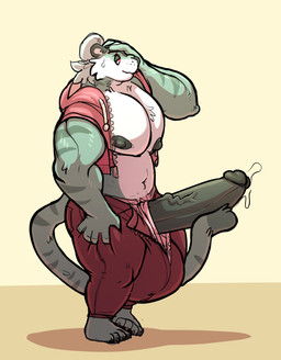 anthro balls belly big_balls big_bulge big_butt big_muscles big_pecs big_penis bodily_fluids bottomwear bulge butt chest_tuft clothed clothing erection feet genital_fluids genitals hair hair_bun hand_on_head hoodie huge_balls huge_bulge huge_penis jacket leaking_precum male muscular muscular_male navel nipples open_clothing open_jacket open_topwear pants pecs penis penis_poking_out penis_through_fly precum solo standing stripes sweat tail topwear tuft vein veiny_penis zipper joebluefox joe_(joebluefox) felid mammal pantherine tiger hi_res