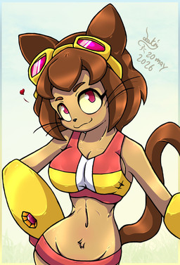 :3 anthro bikini blush breasts brown_hair brown_tail cleavage clothed clothing female fur hair heart_symbol looking_at_viewer midriff navel pink_eyes skimpy small_waist smile solo swimwear tail tan_body tan_fur two-piece_swimsuit whiskers wide_hips joakaha gameoverse glitch_productions kit_bodega domestic_cat felid feline felis mammal 2026 dated half-length_portrait hi_res portrait signature