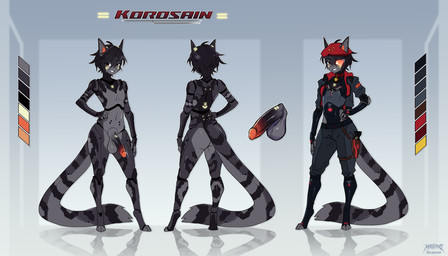 anthro balls biped clothed clothing color_swatch fingers genitals glans hair hat headgear headwear humanoid_genitalia humanoid_penis machine male penis solo tail masvino korosain_(kellervo) android felid feline mammal robot hi_res model_sheet nonbinary_(lore)