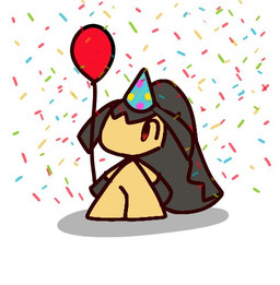 ambiguous_gender balloon birthday black_hair chibi clothing confetti hair hair_mouth hat headgear headwear inflatable party_hat pseudo_hair red_balloon simple_background simple_eyes solo tan_body white_background mawaifu nintendo pokemon generation_3_pokemon humanoid mawile pokemon_(species) low_res