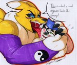 anthro bandai_namco black_sclera bodily_fluids canid cum digimon digimon_(species) duo english_text face_lick female femboy fur genital_fluids gynomorph_(lore) hi_res licking male male/female mammal marker_(artwork) muscular muscular_female open_mouth renamon rotten_owl simple_background size_difference smaller_male text tongue tongue_out traditional_media_(artwork) tuft white_background white_body white_fur yellow_body yellow_fur