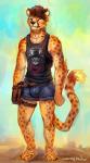 4_toes anklet anthro biped bottomwear brown_hair bulge clothed clothing ear_piercing eyes_closed fangs feet footwear fur hair happy jewelry male markings piercing sandals satchel shirt shoes short_hair shorts smile solo spots spotted_body spotted_fur standing tank_top teeth toes topwear whiskers cheetahpaws cheetahpaws_(character) cheetah felid feline mammal 2016 full-length_portrait hi_res portrait