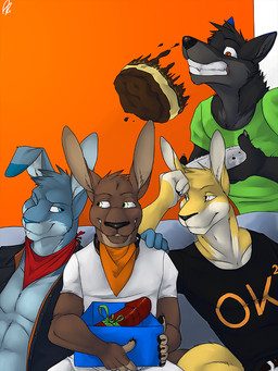 anthro bared_teeth black_clothing black_shirt black_topwear blue_body blue_eyes blue_fur brown_body brown_fur cake clothed clothing dessert food front_view fur green_eyes grey_body grey_fur group holding_object holding_plate holding_present male male_anthro narrowed_eyes one_eye_closed plate red_eyes shirt sitting t-shirt teeth topwear vest white_body white_clothing white_eyes white_fur white_shirt white_t-shirt white_topwear wink yellow_body yellow_fur solaxe_(artist) solaxe canid canine kangaroo lagomorph leporid macropod mammal marsupial rabbit 3:4