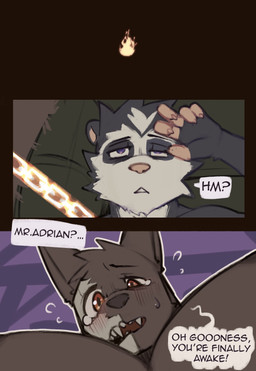 3_panel_comic anthro big_muscles big_pecs black_body black_fur black_nipples bodily_fluids bone dialogue duo face_focus fur head_on_lap huge_pecs lying male muscular muscular_anthro muscular_male nipples on_lap orange_eyes pecs pecs_focus purple_eyes skull skull_head speech_bubble tears text waking_up white_body white_fur king_slabu adrian_(king_slabu) nolan_(king_slabu) american_opossum canid canine canis domestic_dog mammal marsupial spirit virginia_opossum absurd_res comic digital_media_(artwork) english_text hi_res