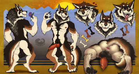 animal_genitalia animal_penis anthro anus balls biped black_balls black_body black_fur black_sheath blush bodily_fluids brown_body brown_fur butt canine_genitalia canine_penis dripping erection eyes_closed front_view fur genital_fluids genitals grin logo looking_at_viewer male male_anthro muscular muscular_anthro muscular_male nipples nude open_mouth penis penis_backwards perineum precum precum_drip rear_view red_anus red_nipples red_penis red_tongue retracted_sheath saggy_balls sheath simple_background smile solo standing text tongue tongue_out white_body white_fur yellow_eyes chumbasket gausswolf canid canine mammal artist_logo artist_name model_sheet