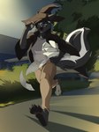 anthro barefoot building cloak clothed clothing cosplay eyewear feet fully_clothed glasses hat headgear headwear hindpaw house hurry male neighborhood paper pawpads paws plant robe running scroll solo tree urban wizard_hat kaerufrog legend_of_ahya steven_stinkman mammal mephitid skunk hi_res