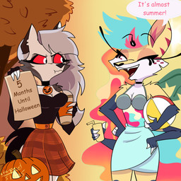 4_arms angry anthro arm_tuft autumn ball bangs beach_ball big_ears bikini blue_hair bottomwear breasts cartoon_freckles choker cleavage clothed clothed_anthro clothed_female clothing dialogue duo eyelashes eyes_closed facial_tuft female freckled_face freckles fur grey_body grey_fur grey_hair hair hands_on_hips holding_object holding_sign inflatable jack-o'-lantern jewelry long_eyelashes long_hair multi_arm multi_limb necklace notched_ear orange_bottomwear orange_clothing orange_leaves orange_skirt palm_tree pattern_bottomwear pattern_clothing pattern_skirt pink_hair plaid plaid_bottomwear plaid_clothing plaid_skirt plant pupils red_sclera shoulder_tuft shoulderless_shirt sign skirt slit_pupils striped_ears summer swimwear text tree tuft two-piece_swimsuit white_body white_eyes white_fur yellow_body yellow_fur starpaintart hellaverse helluva_boss mythology loona_(helluva_boss) queen_bee-lzebub_(helluva_boss) arthropod bee canid canid_demon canine demon fox hellhound hymenopteran insect mammal mythological_canine mythological_creature 1:1 2025 absurd_res english_text hi_res