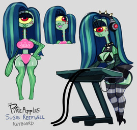 1_eye alternative_fashion anthro big_breasts big_butt bra breasts butt cartoon_freckles clothing collar electronics eyelashes female footwear freckled_face freckles goth hair half-closed_eyes headphones high_heels keyboard keyboard_instrument leg_markings lips long_eyelashes long_hair long_neck markings musical_instrument musical_keyboard narrowed_eyes red_eyes sharp_teeth shoes smile socks_(marking) solo spiked_collar spikes teeth thick_lips underwear yellow_sclera somescrub nickelodeon spongebob_squarepants susie_reefwell aquatic cyclops fish mutant_humanoid hi_res
