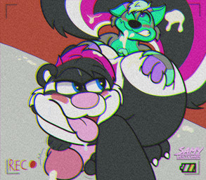 anthro big_butt big_penis big_tail blush bodily_fluids butt butt_grab butt_press butt_squish cum cum_drip cum_dripping_from_penis cum_in_hair cum_on_ground cum_on_tail dripping drooling duo ejaculation genital_fluids genitals hair hand_on_butt hot_dogging huge_butt male male/male nude penis pinned pinned_to_wall saliva sex size_difference squish tail tongue tongue_out wince samylestinker samy_(samylestinker) crocodog mammal mephitid skunk absurd_res hi_res